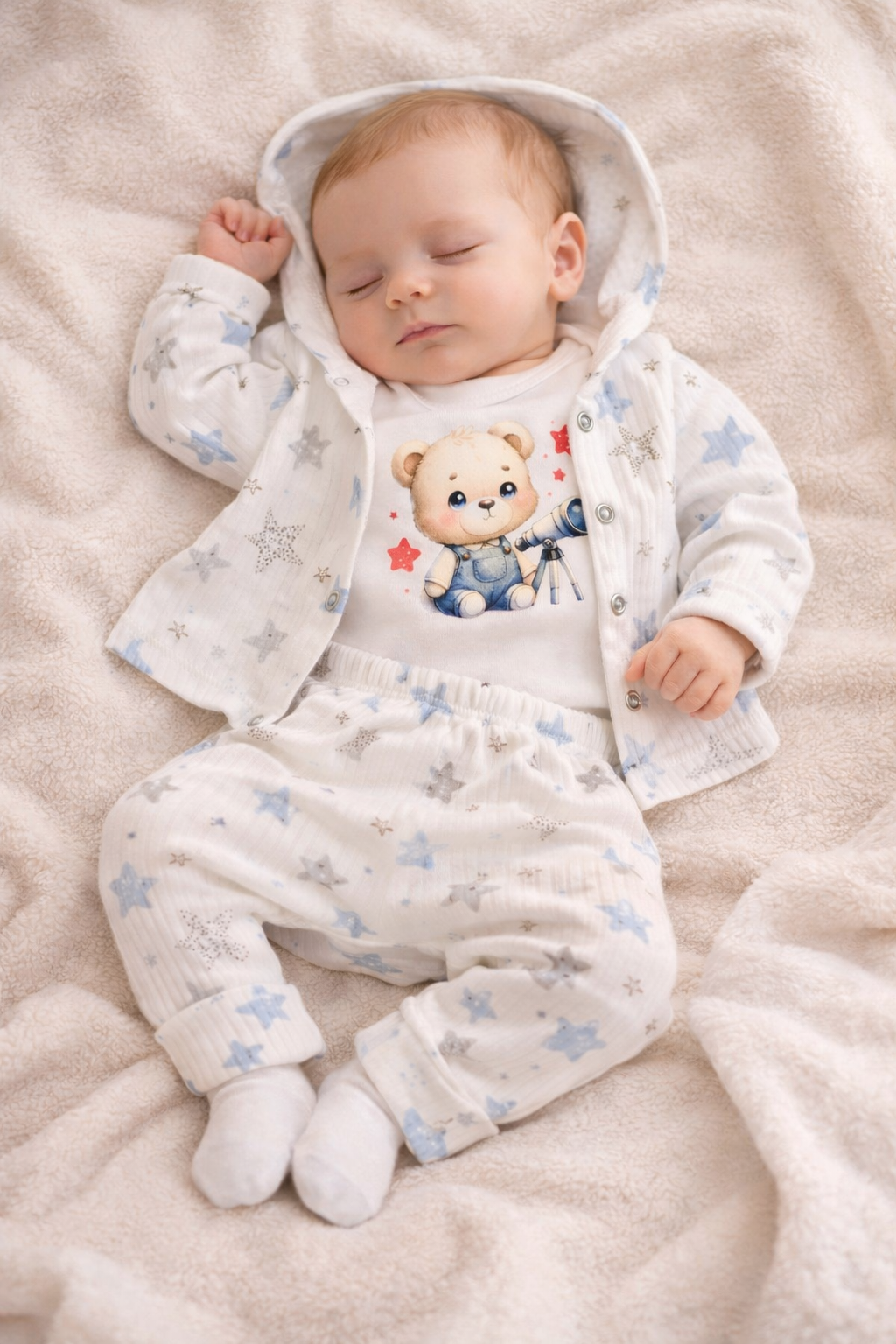 Ensemble bébé garçon ourson et étoiles taille de 0 à 9 mois 100% coton ref 0112