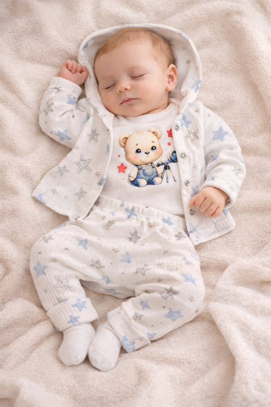 Ensemble bébé garçon ourson et étoiles taille de 0 à 9 mois 100% coton ref 0112