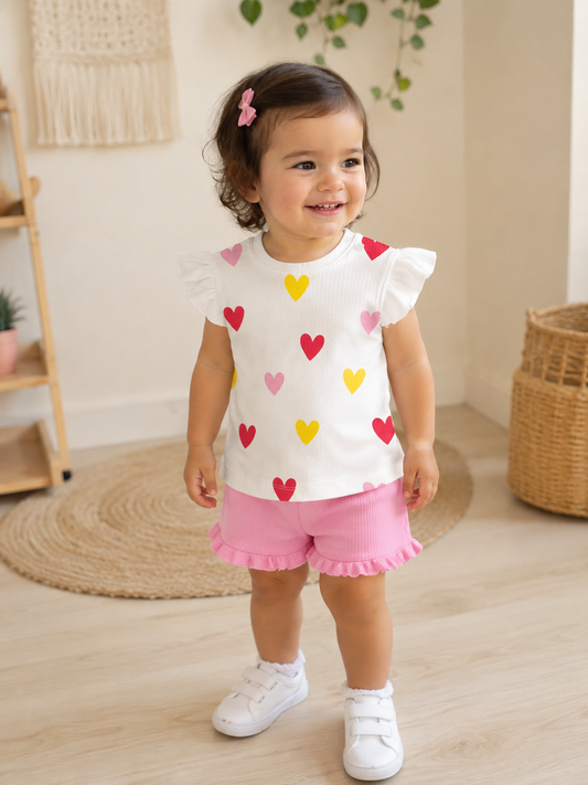 Ensemble bébé fille 100 % coton à cœurs – T-shirt et short de 6 à 18 mois ref 60 ALL FOR KIDS