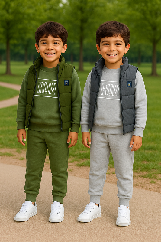 Ensemble trois pièces garçon gris ou vert avec doudoune sans manche taille de 3 à 6 an ref 1366 ALL FOR KIDS