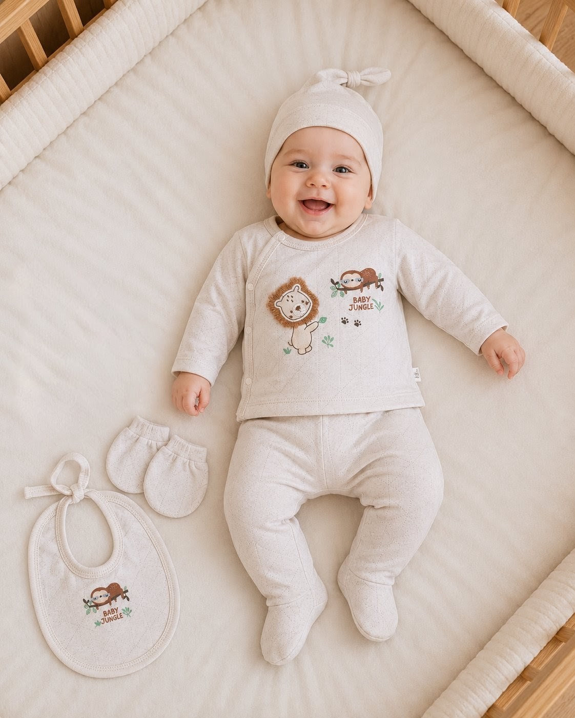 Kit naissance bébé 100 % coton 5 pièces beige  – Ensemble naissance 0 à 3 mois Baby Jungle ref 43 ALL FOR KIDS