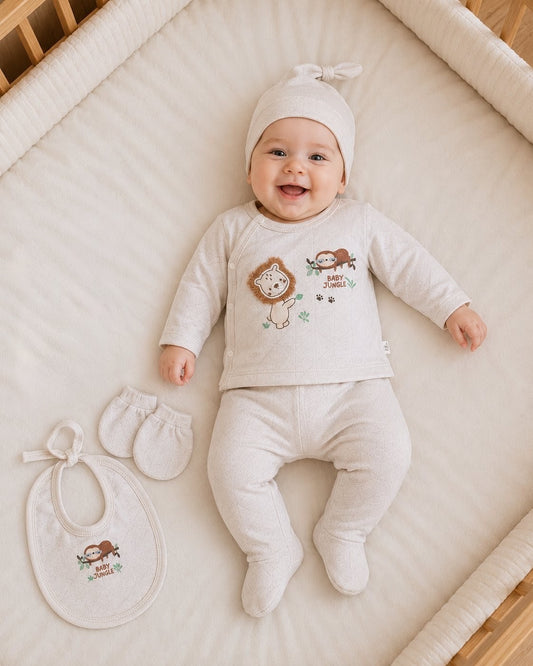 Kit naissance bébé 100 % coton 5 pièces beige  – Ensemble naissance 0 à 3 mois Baby Jungle ref 43 ALL FOR KIDS