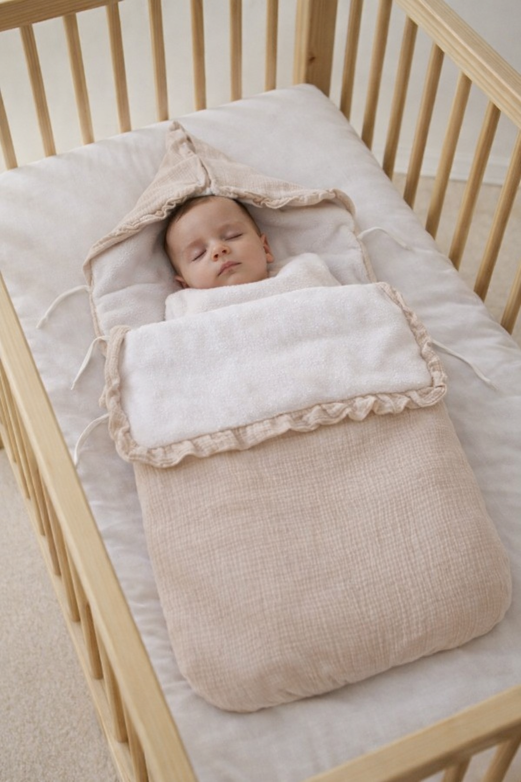 Nid d’ange beige de 0 à 6 mois gaze de coton pour cosy et poussette ref 161