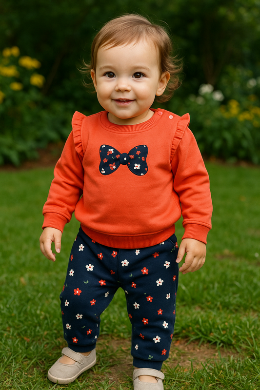Bébé fille portant l’ensemble sweat nœud fleuri et pantalon corail 100 % coton - All for Kids