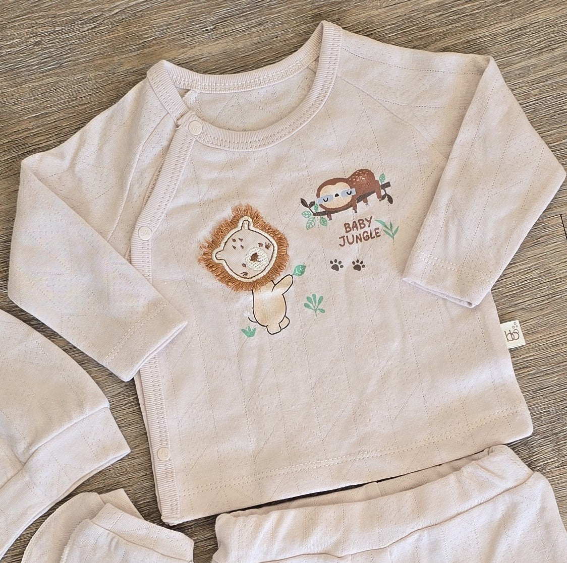 Kit naissance bébé 100 % coton 5 pièces beige  – Ensemble naissance 0 à 3 mois Baby Jungle ref 43 ALL FOR KIDS