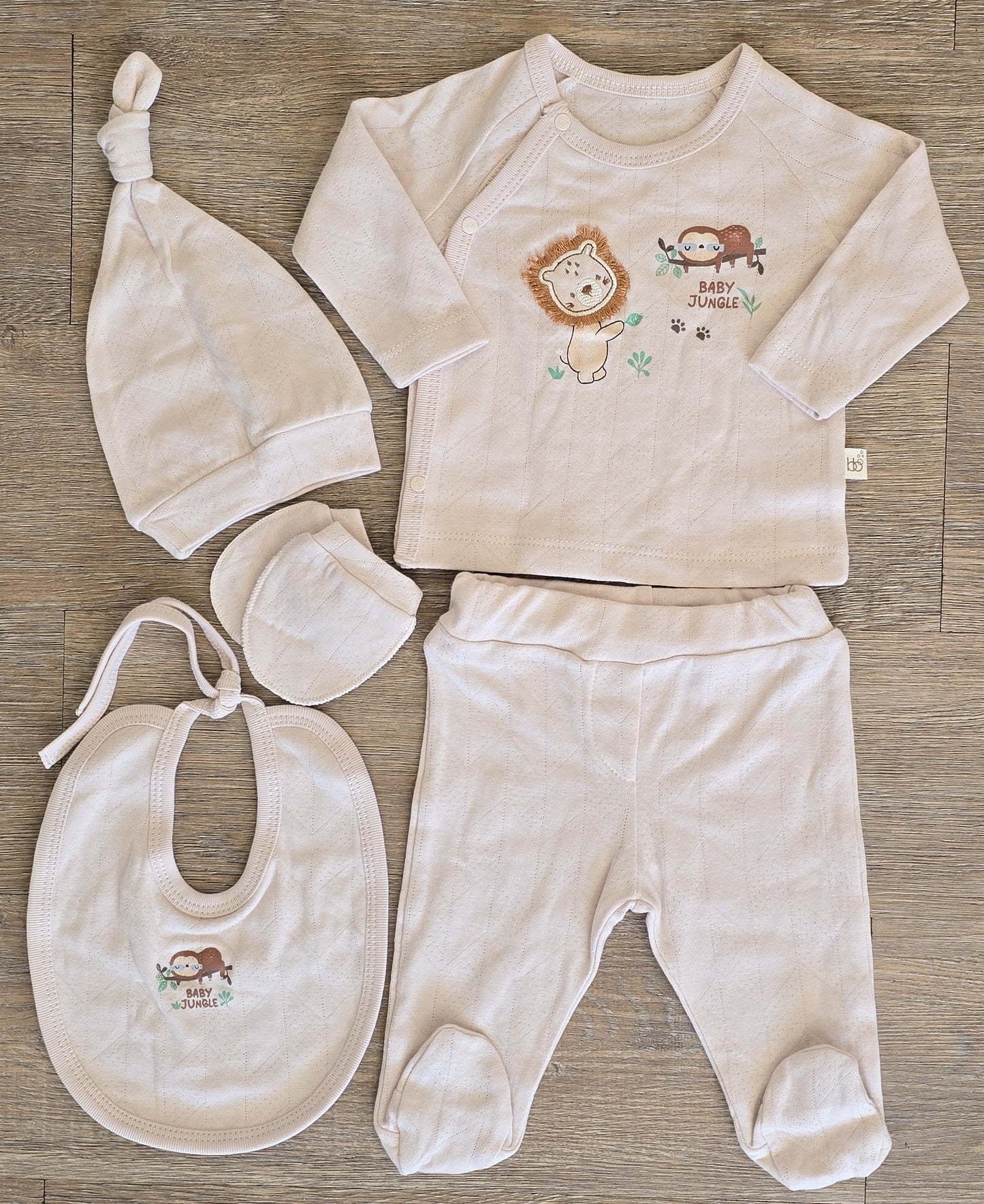 Kit naissance bébé 100 % coton 5 pièces beige  – Ensemble naissance 0 à 3 mois Baby Jungle ref 43 ALL FOR KIDS