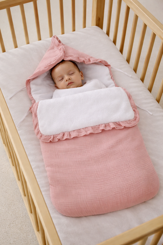 Nid d’ange rose corail de 0 à 6 mois gaze de coton pour cosy et poussette ref 160