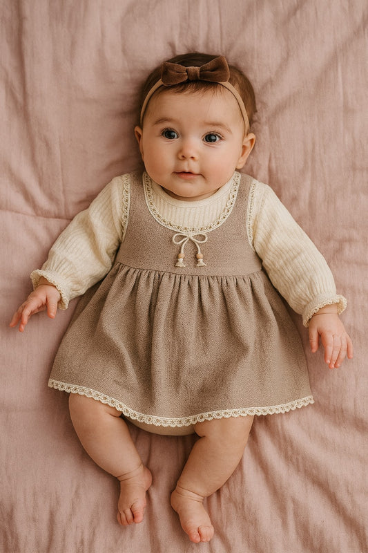 Robe bébé fille vintage beige effet 2 en 1 9 à 12 mois