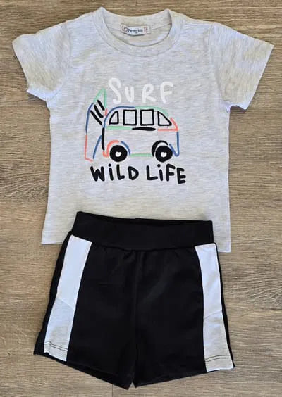 Tee-shirt gris bébé garçon imprimé van Surf Wild Life et short noir