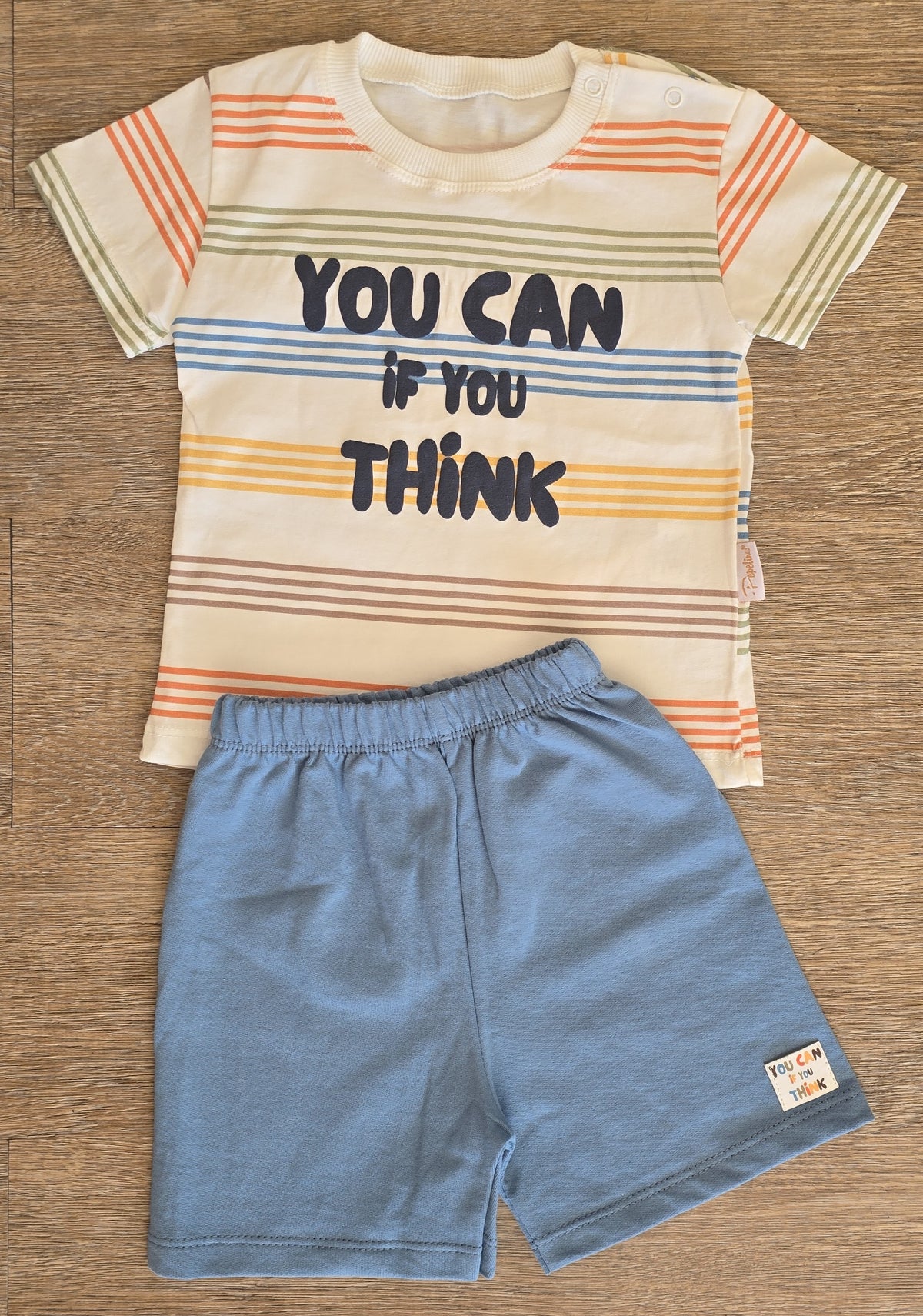 Tee-shirt rayé You Can et short bleu 100 % coton bébé garçon
