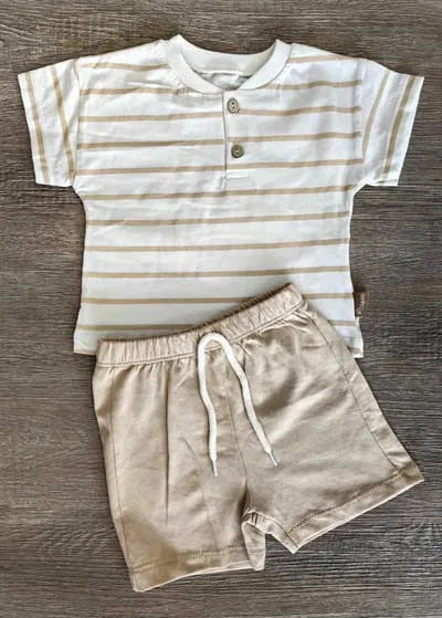 Ensemble bébé garçon beige coton Tee-shirt rayé & short 9 mois ref 1046 ALL FOR KIDS