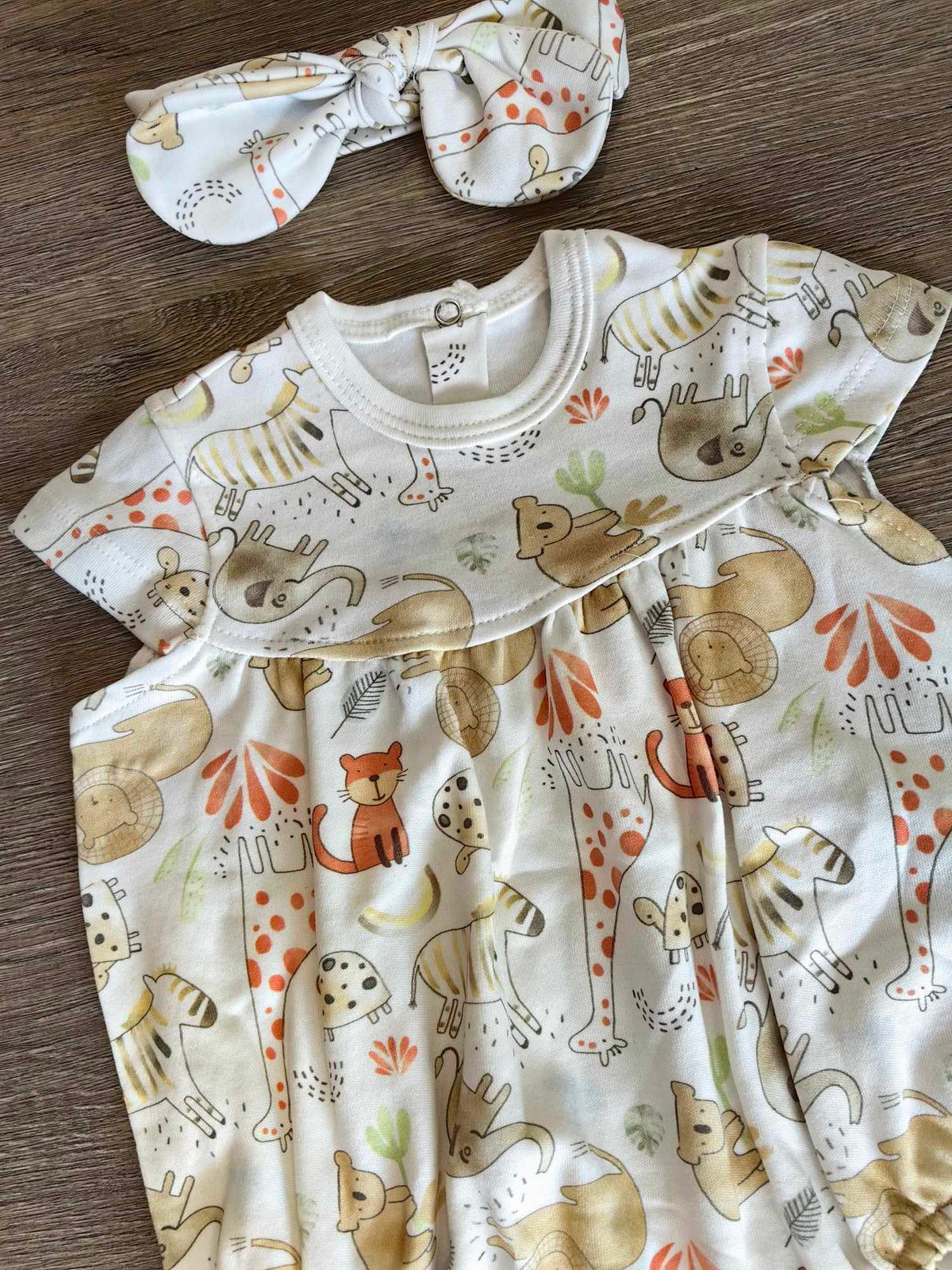 Tenue été bébé fille barboteuse animaux multicolores avec bandeau à nœud