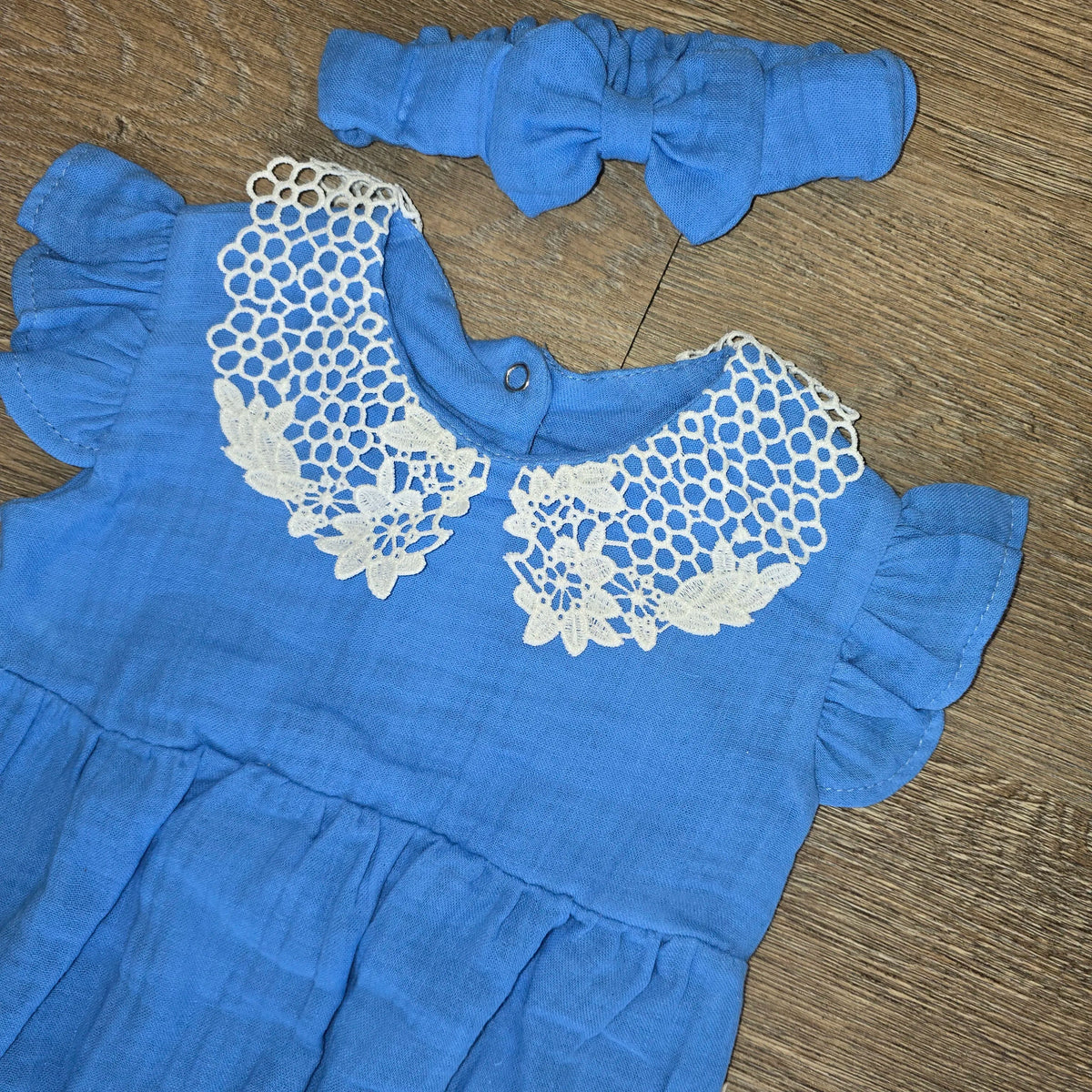 Tenue été bébé fille barboteuse bleu roi en gaze de coton avec bandeau