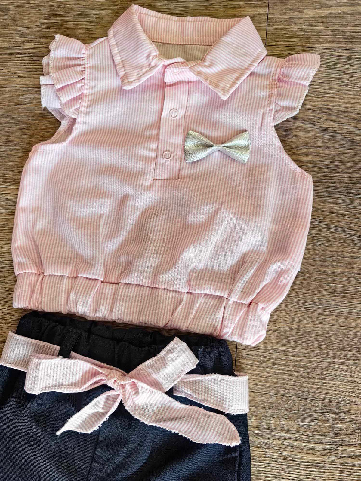 Tenue été bébé fille 100 % coton haut rose rayé et short noir