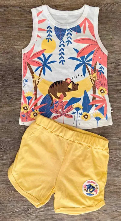 Tenue été bébé fille débardeur tropical jungle et short jaune assorti
