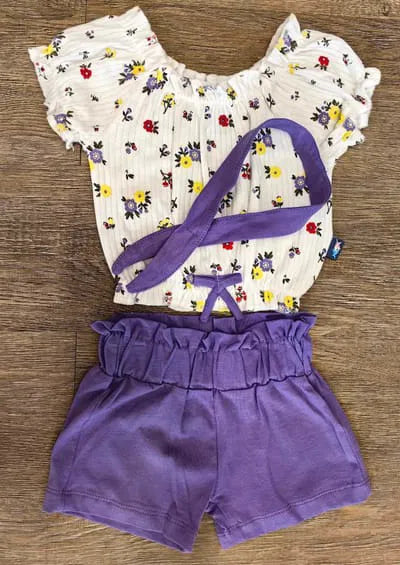 Tenue été bébé fille tee-shirt fleuri short lilas et bandeau assorti