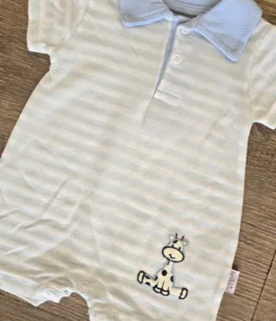 Tenue été bébé garçon barboteuse rayée en coton avec broderie girafe