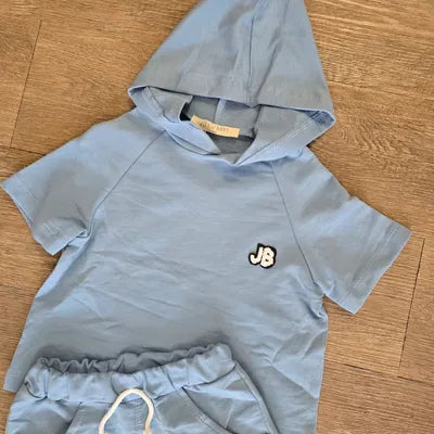 Tenue été bébé garçon bleu 100 % coton tee-shirt à capuche et short